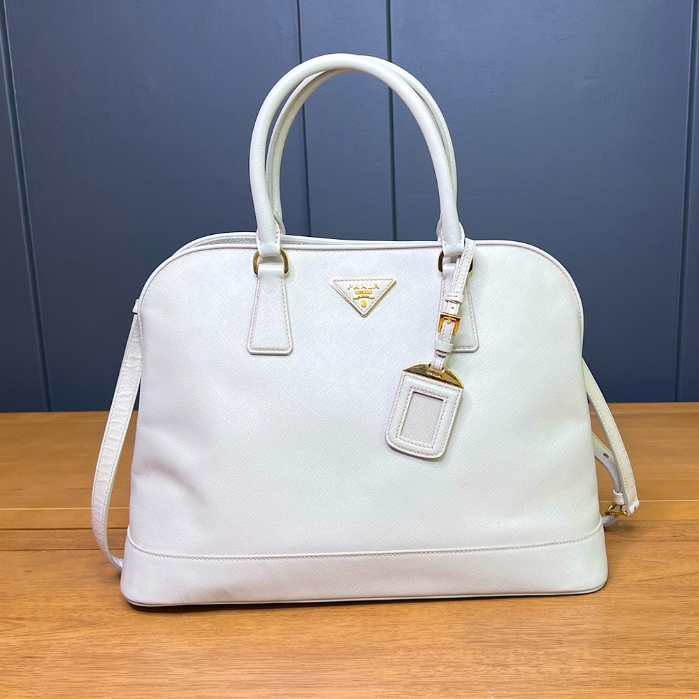 AUTH Prada Lux Promenade 2 way satchel in white Saffiano leather
